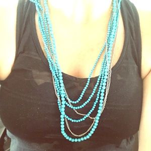 Long blue beaded necklace